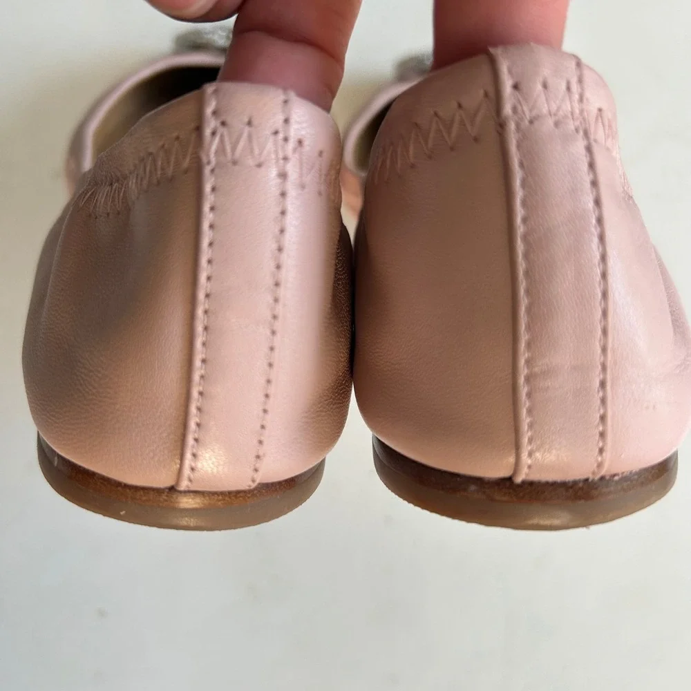 Tory Burch Minnie Travel Ballet Flats size 8 Pink Leather Crystal Medallion